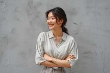 Japanese female with brown hair posing on a grey background smiling