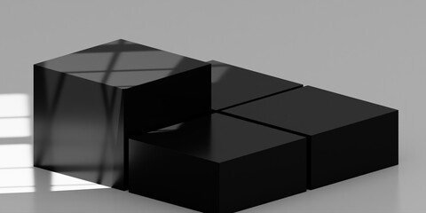 black Cube Pedestal on white background Template with window light. Studio Scene For Product Display. 3D rendering