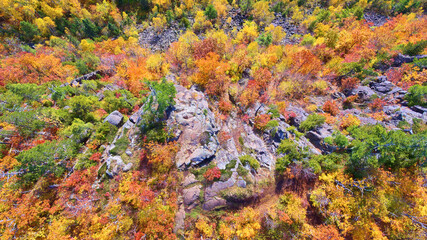 Aerial Autumn Tapestry in Michigan Forest with Rock Formations