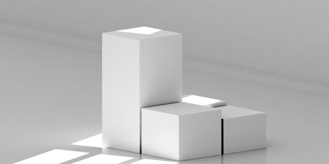 White Cube Pedestal on white background Template with window light. Studio Scene For Product Display. 3D rendering