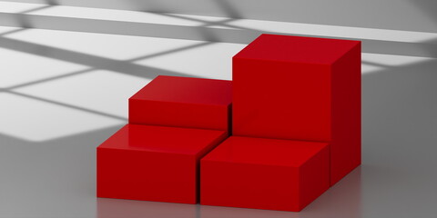 4 red Cube Pedestal on white background with natural window light. Studio Scene For Product Display. 3D rendering