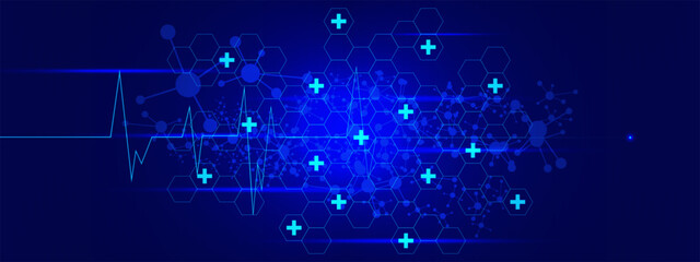 Obraz premium Medical cross with hexagons, molecular structure and hear beat. Medicine, health care, science and technology concept background.