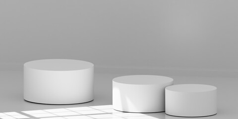 Empty white product podium display 3d room background with minimal pedestal show stand modern platform window light shadow showroom presentation backdrop cosmetic template geometric summer shelf.