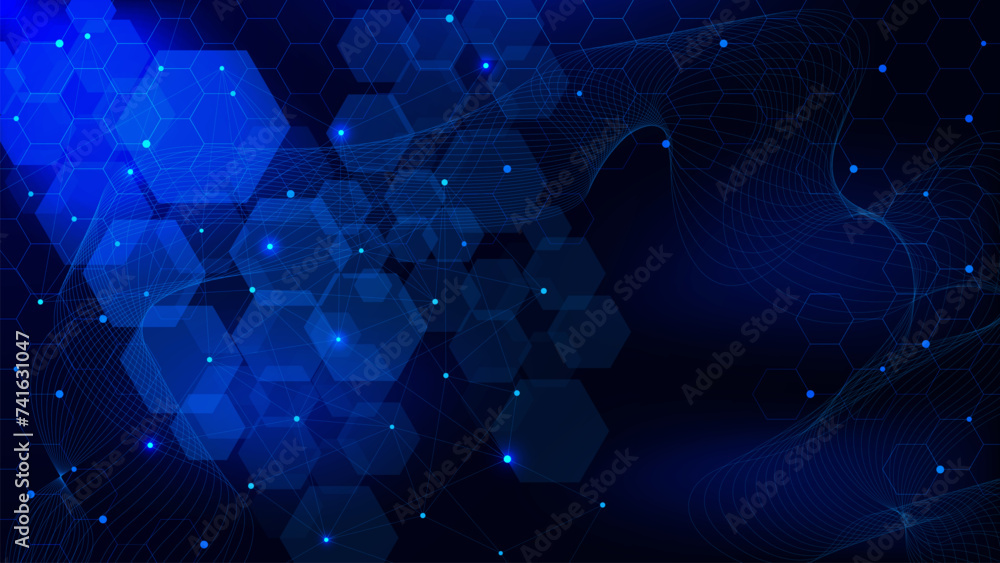 Poster hexagon pattern with connecting the dots and wave flow for network connection and communication. dna