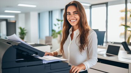 A beaming businesswoman in a white blouse is using a large office printer, showcasing a modern and efficient workplace.