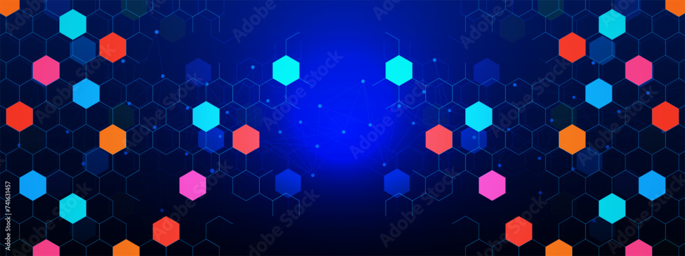 Wall mural abstract geometric with colorful hexagons pattern and connecting the dots lines on dark blue backgro