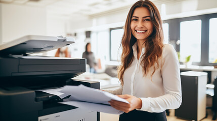 A friendly professional woman in a white shirt is happily collecting printouts from a printer in a contemporary office setting.