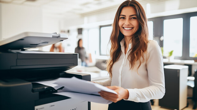A friendly professional woman in a white shirt is happily collecting printouts from a printer in a contemporary office setting.
