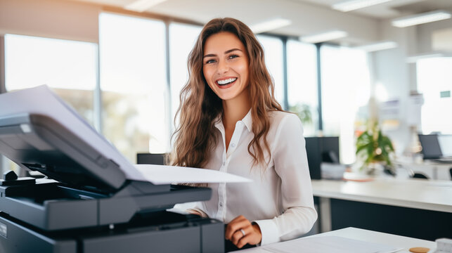 Radiant office worker in a white blouse using a copier machine, with a warm and engaging smile in a sunny office.