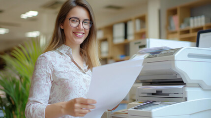 A joyful young woman with glasses is standing by the office printer, reviewing documents with a satisfied smile.
