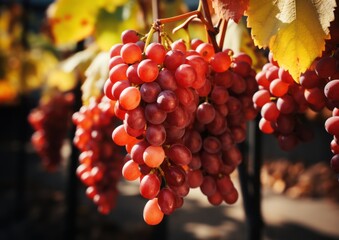 Bunch of ripe red grapes hanging from a vine in a vineyard