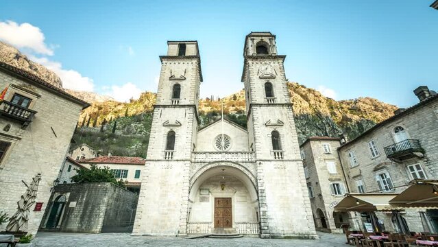 St. Tryphon Cathedral in Kotor Montenegro Church timelapse hyperlapse video at night.