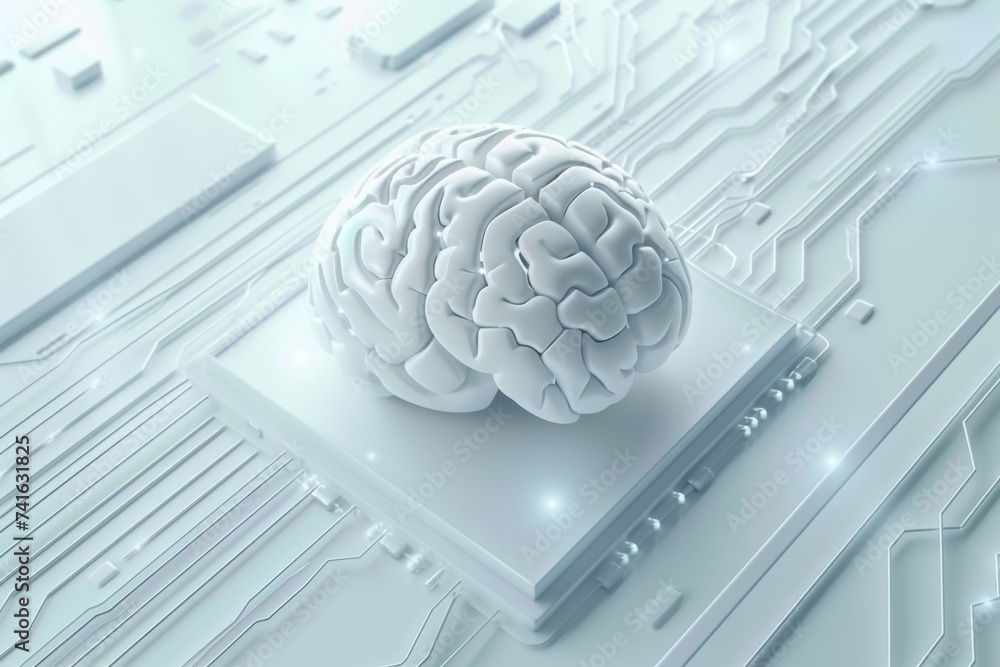 Poster ai brain chip neon mango madness. artificial intelligence instruction level parallelism mind primary
