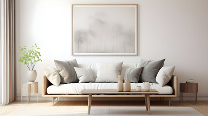 A horizontal poster frame mockup hanging in a bright and airy Scandinavian-inspired living room, accentuating the simplicity and elegance of the design.