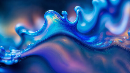 Colorful iridescent blue fluid water in motion with curves and turbulent flowing waves backdrop macro. - obrazy, fototapety, plakaty