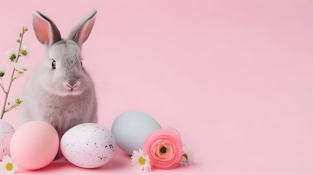 Cute rabbit, easter eggs and flowers. Concept and idea of happy easter day.