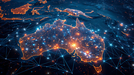 A digital depiction of Australia overlaid with intricate network connections, illustrating the country's role in the global exchange