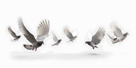 A group of pigeons flying in the sky on a white background, png transparent