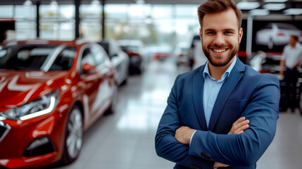 Smiling manager in a car dealership looking at the camera.