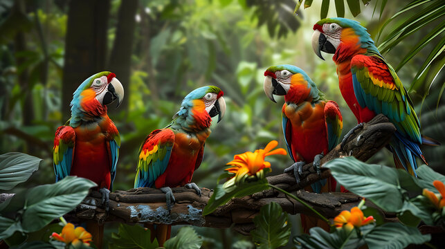 Macaw parrot birds on a branch of tree in the jungle