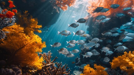 A vibrant underwater scene with a school of fish swimming near a colorful coral reef, illuminated by streaming sunlight.
