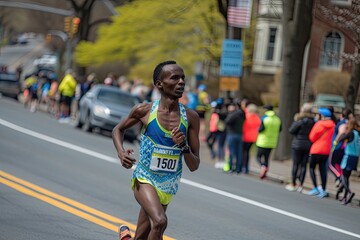 a person participating in a road race or marathon, emphasizing the competitive and societal aspects of road running competitions.