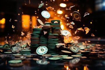 With a frenzy of activity, chips and money cascade through the air in a casino, reflecting the fast-paced and dynamic nature of gaming