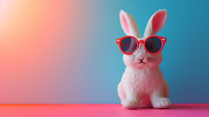 a cute white plastic bunny wearing sunglasses on a pastel background Minimal color still life...