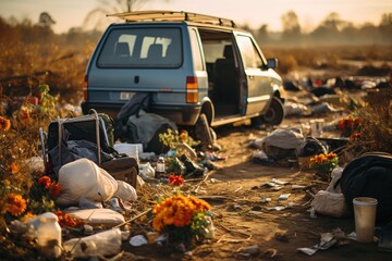 The sight of rubbish and trash illegally dumped in nature serves as a somber reflection of the pervasive issue of pollution, highlighting the critical importance of environmental conservation efforts - obrazy, fototapety, plakaty