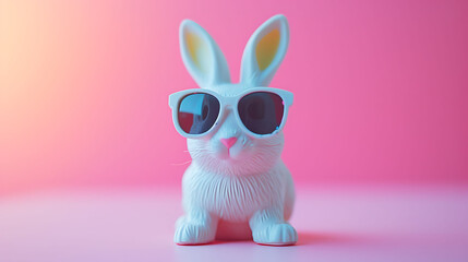 a cute white plastic bunny wearing sunglasses on a pastel background Minimal color still life photography