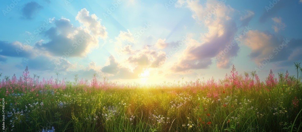 Poster field of spring grass and perfect sky. with copy space image. Place for adding text or design