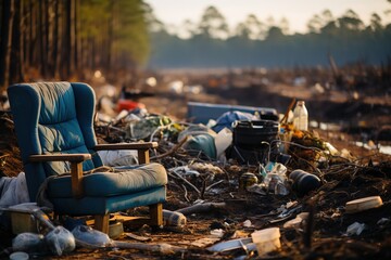 The illegal dumping of rubbish and trash in nature serves as a poignant symbol of humanity's disregard for the environment, highlighting the urgent need for sustainable waste management practices - obrazy, fototapety, plakaty