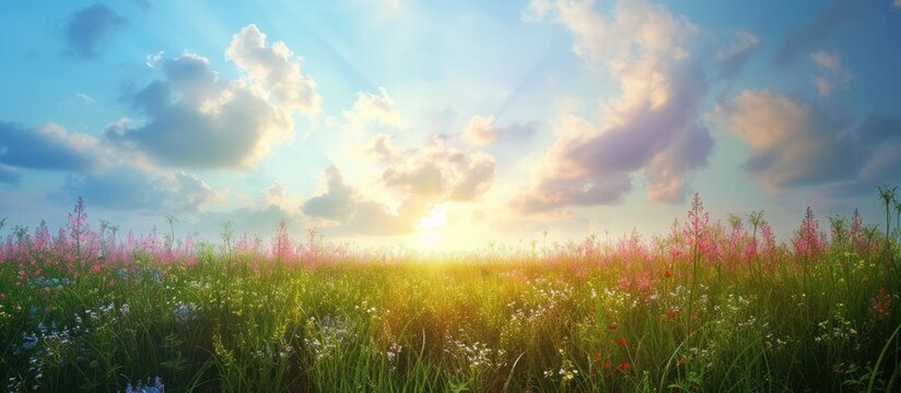 field of spring grass and perfect sky. with copy space image. Place for adding text or design