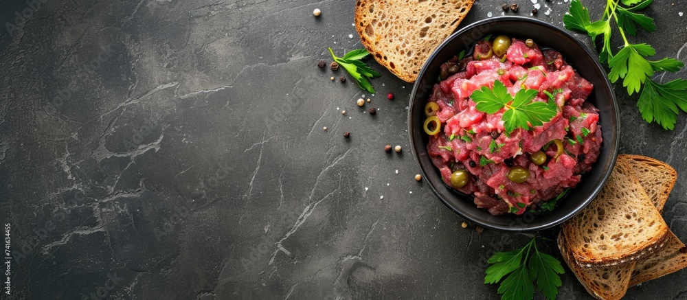 Aufkleber Cooking savory beef tartare with pickled gherkins and brown bread toasts Flat lay with copy space. with copy space image. Place for adding text or design