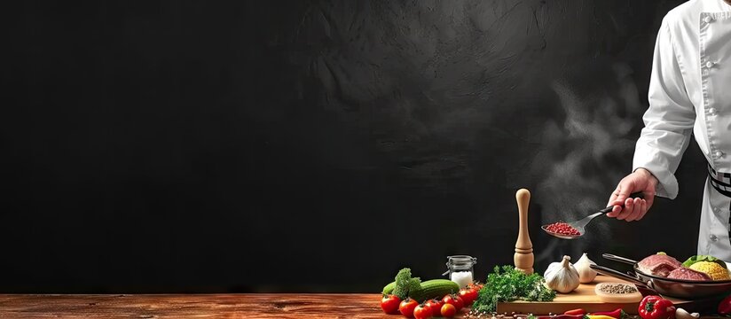 Cooking course chef in cook uniform teaches young people cooking class students to prepare and mix ingredients for dishes in restaurant kitchen. with copy space image. Place for adding text or design