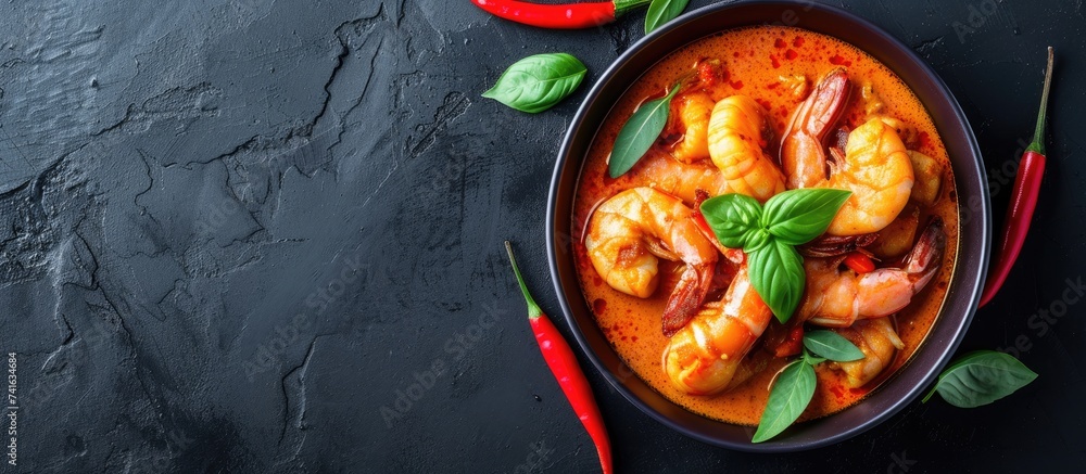 Poster green curry with shrimp thai style spicy food. with copy space image. place for adding text or desig