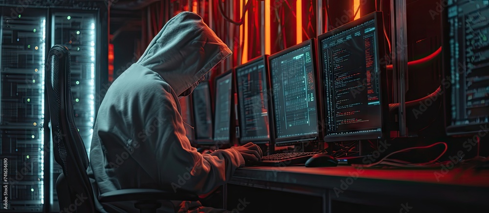 Fototapete Internet criminal hacking computer network system and running ransomware code on screen Man in hood breaking law while getting illegal access into database server in dark warehouse