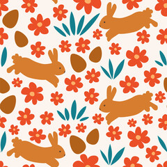 cute cartoon rabbit and easter eggs in the meadow holiday seamless vector pattern background illustration
