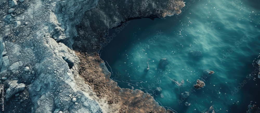 Poster Aerial view of an open mine pit Exploitation and nature pollution. with copy space image. Place for adding text or design