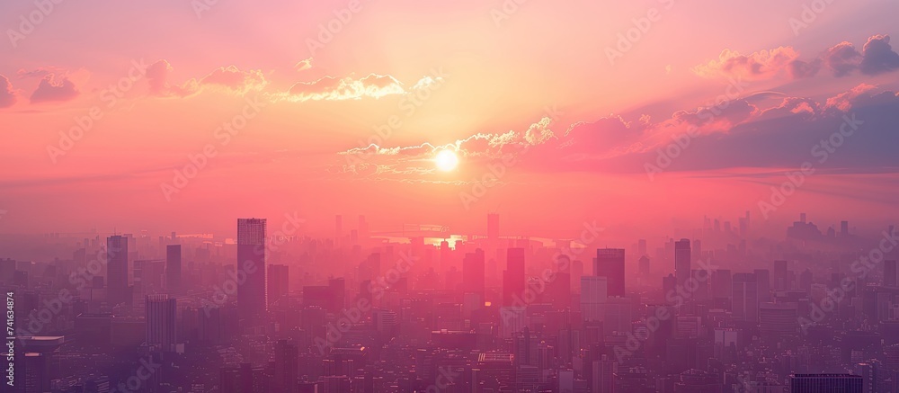 Poster skyline urban road and office buildings at sunset. with copy space image. place for adding text or d