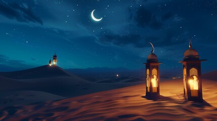 Illustration of Ramadan Kareem lanterns in the desert at night