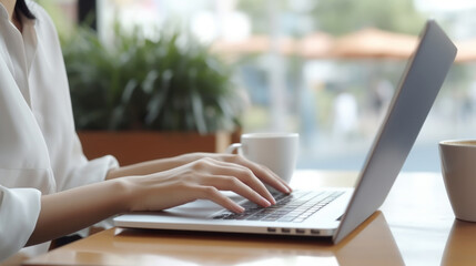 Woman working on laptop computer at cafe table with a cup of coffee