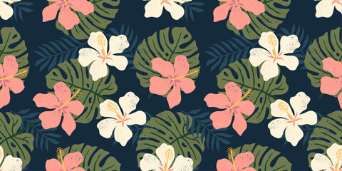 Seamless modern tropical pattern with leaves and hibiscus white and pink