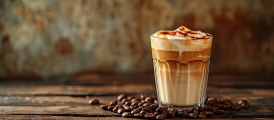 Caramel macchiato coffee milk and caramel drink in glass on wooden table with coffee beans sweet drink cafe food menu copy space for text. with copy space image. Place for adding text or design - obrazy, fototapety, plakaty