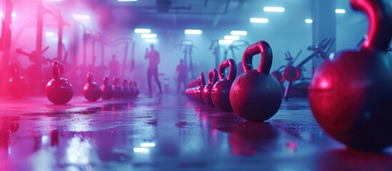 Group having functional fitness training with kettlebell in sport gym. with copy space image. Place for adding text or design - obrazy, fototapety, plakaty