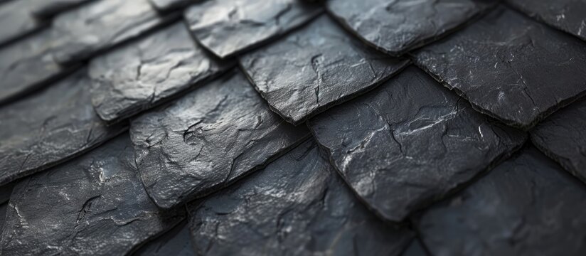 Detailed view of wall texture randomly lined with slate panels typical and traditional shale stone material used as external waterproof cladding in construction. with copy space image