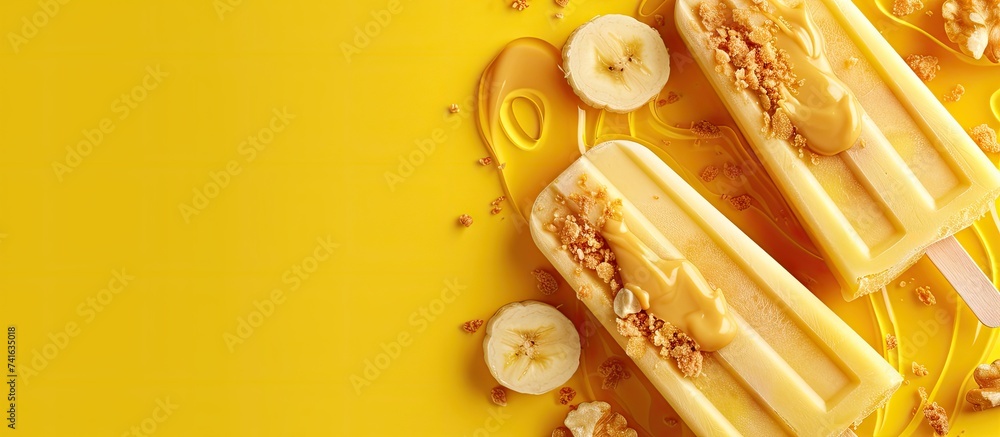 Poster peanut butter banana popsicles with sprinkles of peanuts and drizzle of raw peanut butter on top abo