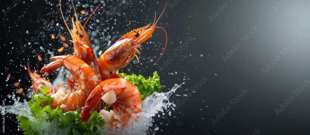 Poster closeup on a dynamite shrimps fresh dish served in a fancy decoration. with copy space image. Place for adding text or design
