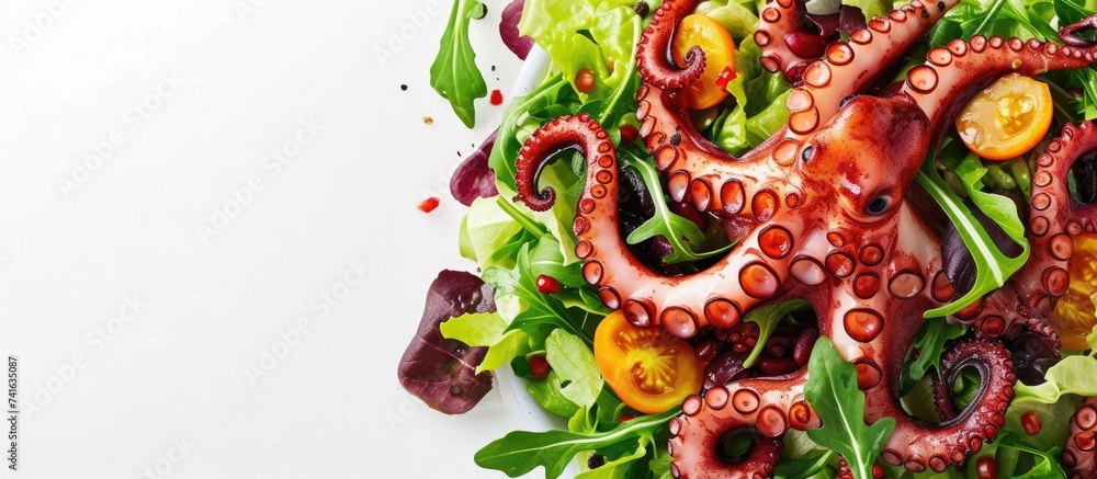 Aufkleber mixed salad topped with slices of marinated octopus tentacles and a spicy dressing. with copy space image. Place for adding text or design
