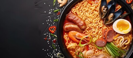 Hot pot of budae jjigae korean instant noodles ramyeon pork sausage mussels and vegetables...